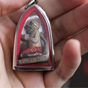 Red and Silver Amulet Pendant Thai Wood Amulet Hanuman Antique
